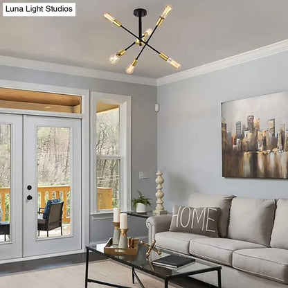 Industrial Style Black Starburst Iron Chandelier Pendant Light with 6 Open Bulb Heads