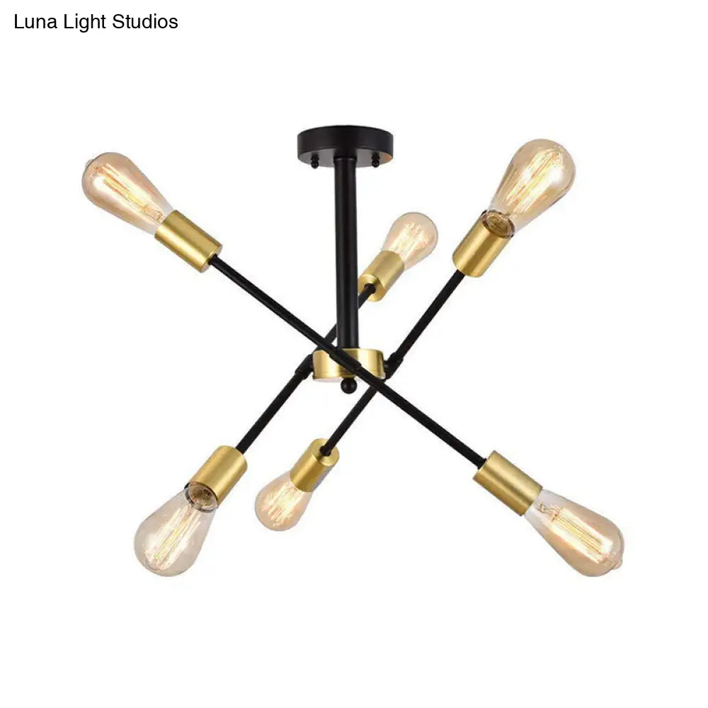 Industrial Style Black Starburst Iron Chandelier Pendant Light with 6 Open Bulb Heads