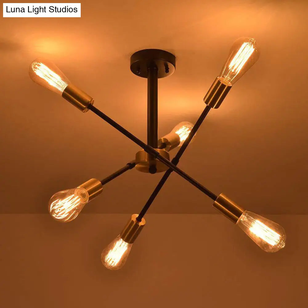 Industrial Style Black Starburst Iron Chandelier Pendant Light with 6 Open Bulb Heads