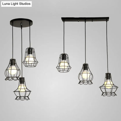 Industrial Style Black Wire Frame Ceiling Light with 3 Hanging Pendant Lights and Round/Linear Canopy