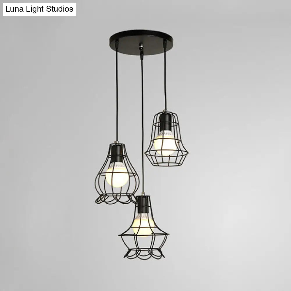 Industrial Style Black Wire Frame Ceiling Light with 3 Hanging Pendant Lights and Round/Linear Canopy