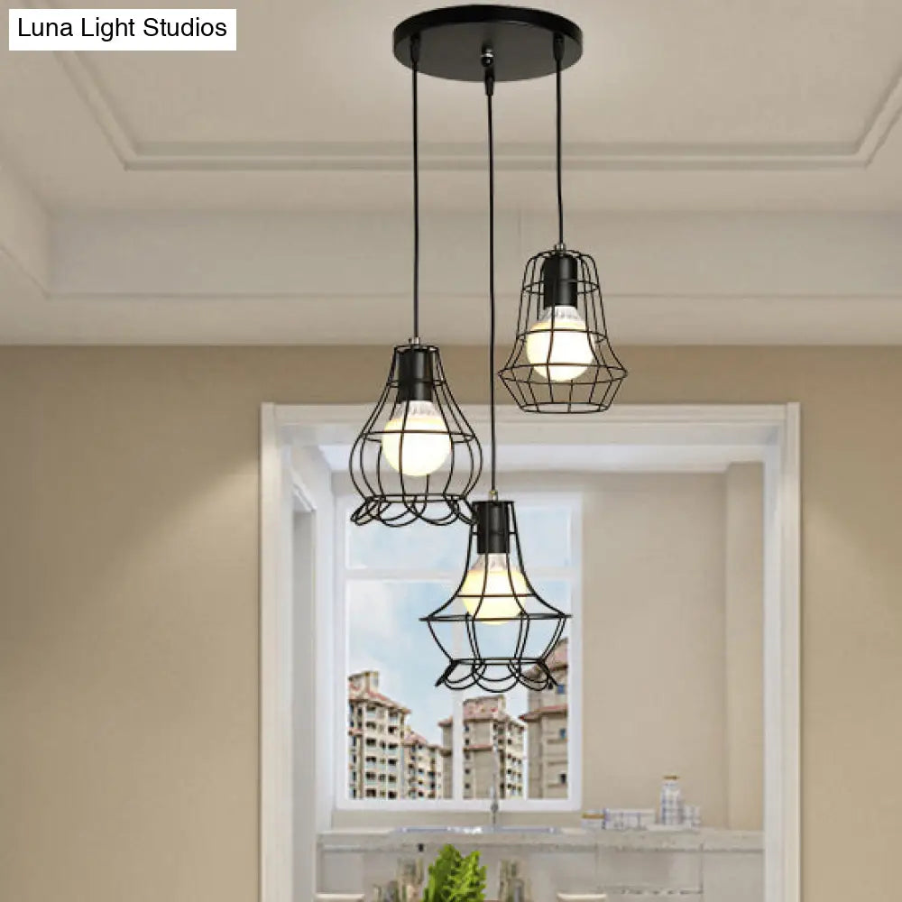 Industrial Style Black Wire Frame Ceiling Light with 3 Hanging Pendant Lights and Round/Linear Canopy