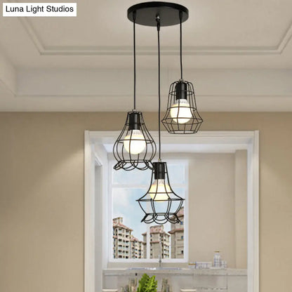 Industrial Style Black Wire Frame Ceiling Light with 3 Hanging Pendant Lights and Round/Linear Canopy