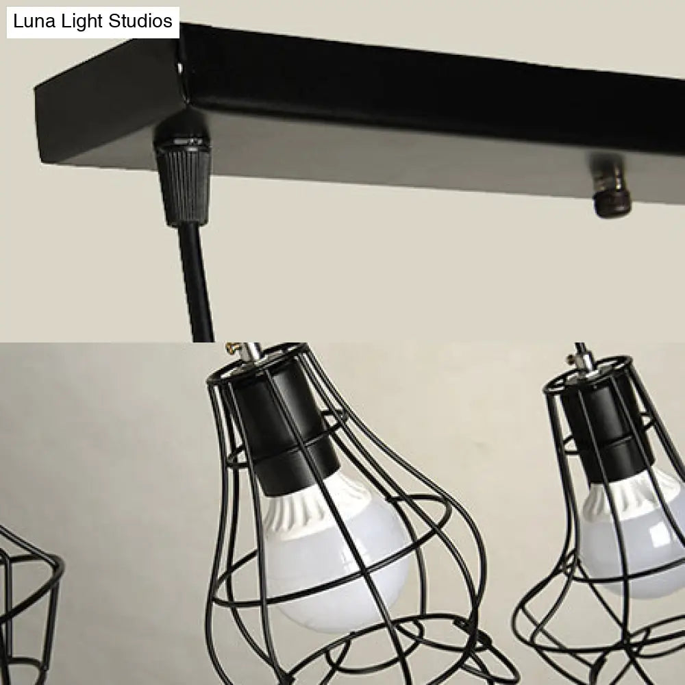 Industrial Style Black Wire Frame Ceiling Light with 3 Hanging Pendant Lights and Round/Linear Canopy