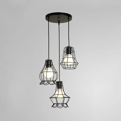 Industrial Style Black Wire Frame Ceiling Light with 3 Hanging Pendant Lights and Round/Linear Canopy