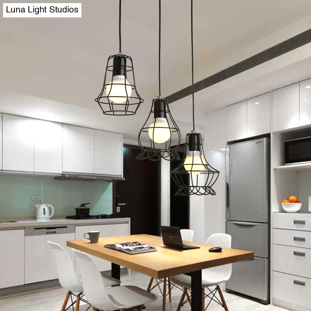 Industrial Style Black Wire Frame Ceiling Light with 3 Hanging Pendant Lights and Round/Linear Canopy