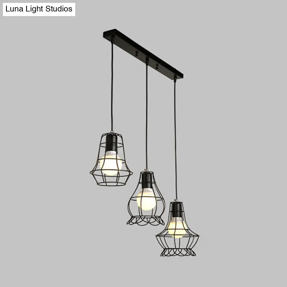 Industrial Style Black Wire Frame Ceiling Light with 3 Hanging Pendant Lights and Round/Linear Canopy