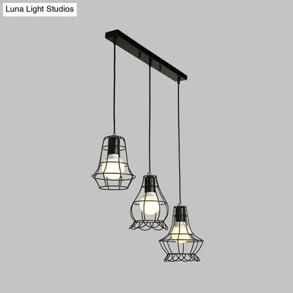 Industrial Style Black Wire Frame Ceiling Light with 3 Hanging Pendant Lights and Round/Linear Canopy