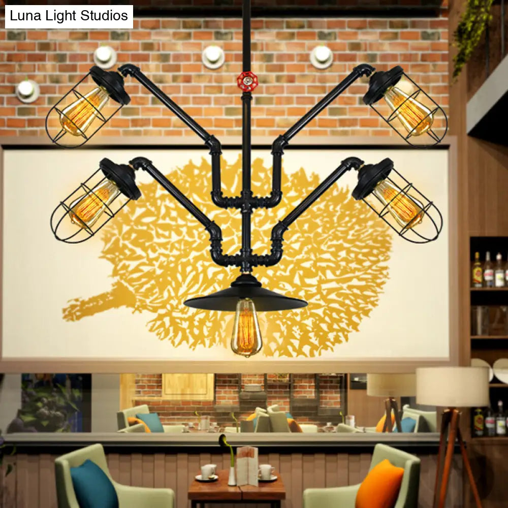 Industrial Style Chandelier Lamp: 5-Light Wire Cage Suspension with Water Pipe – Ideal for Dining Room