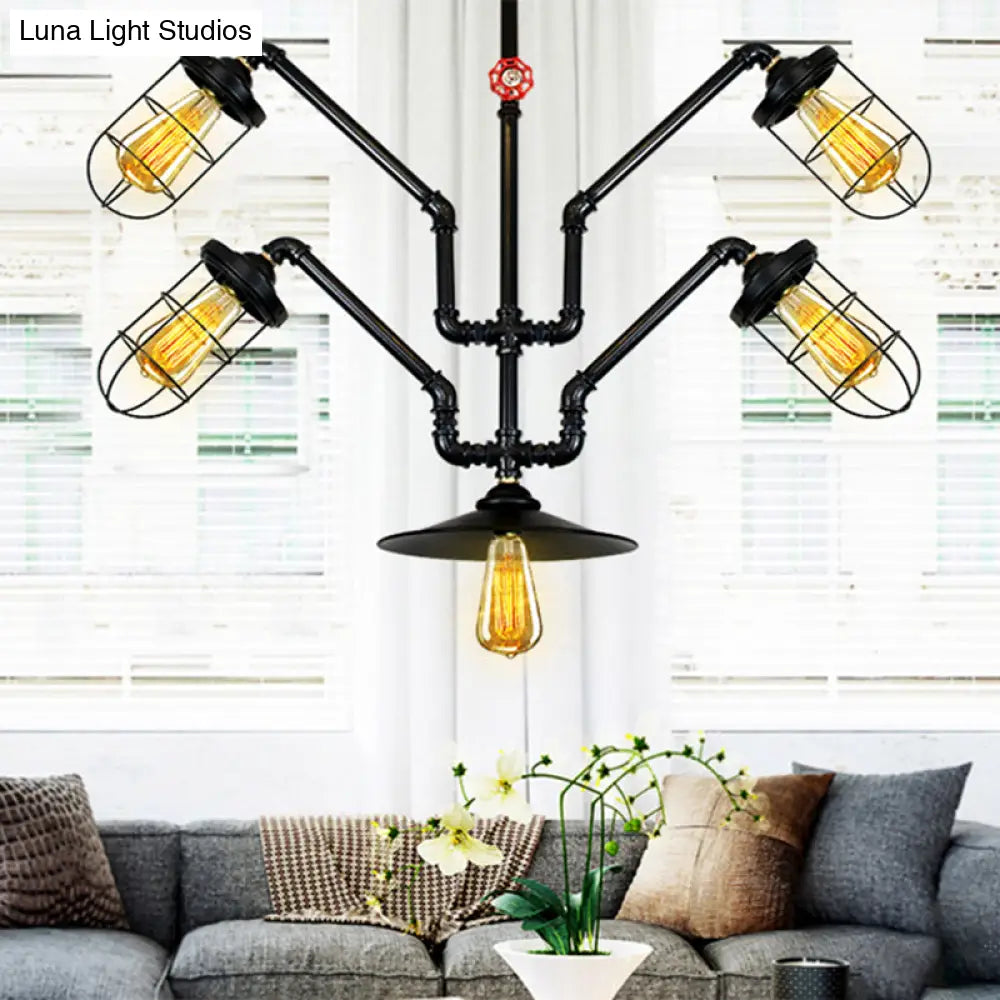 Industrial Style Chandelier Lamp: 5-Light Wire Cage Suspension with Water Pipe – Ideal for Dining Room