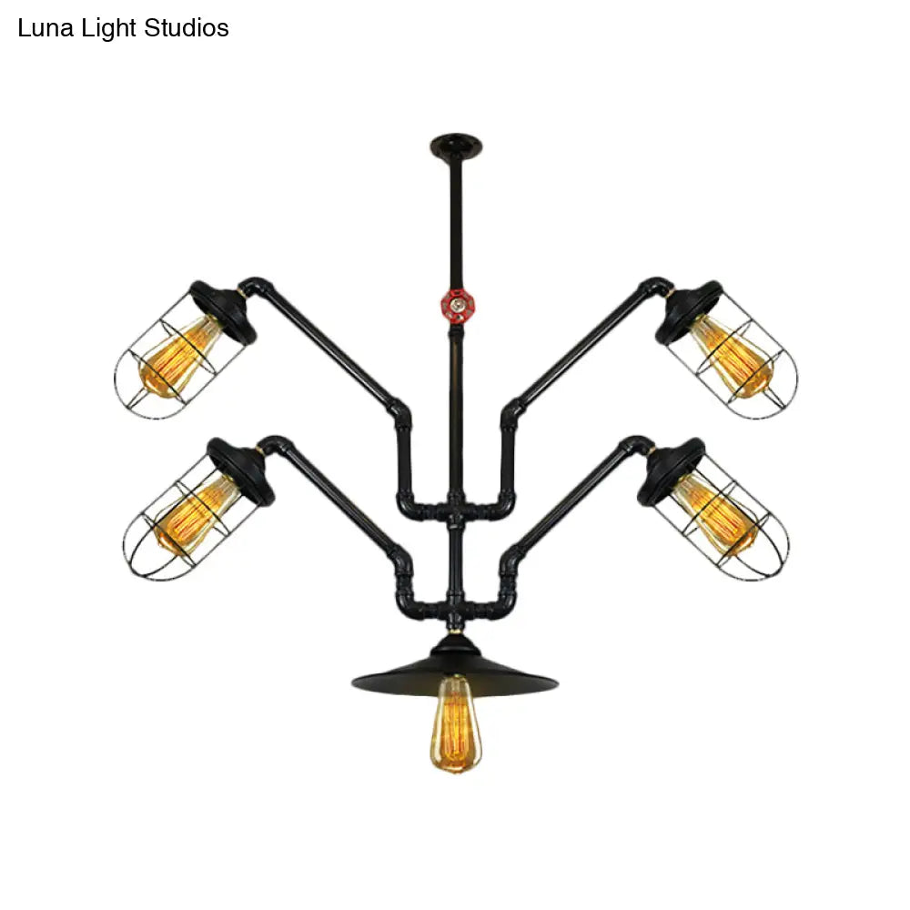 Industrial Style Chandelier Lamp: 5-Light Wire Cage Suspension with Water Pipe – Ideal for Dining Room