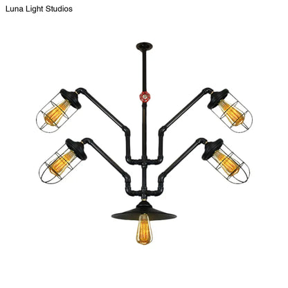 Industrial Style Chandelier Lamp: 5-Light Wire Cage Suspension with Water Pipe – Ideal for Dining Room