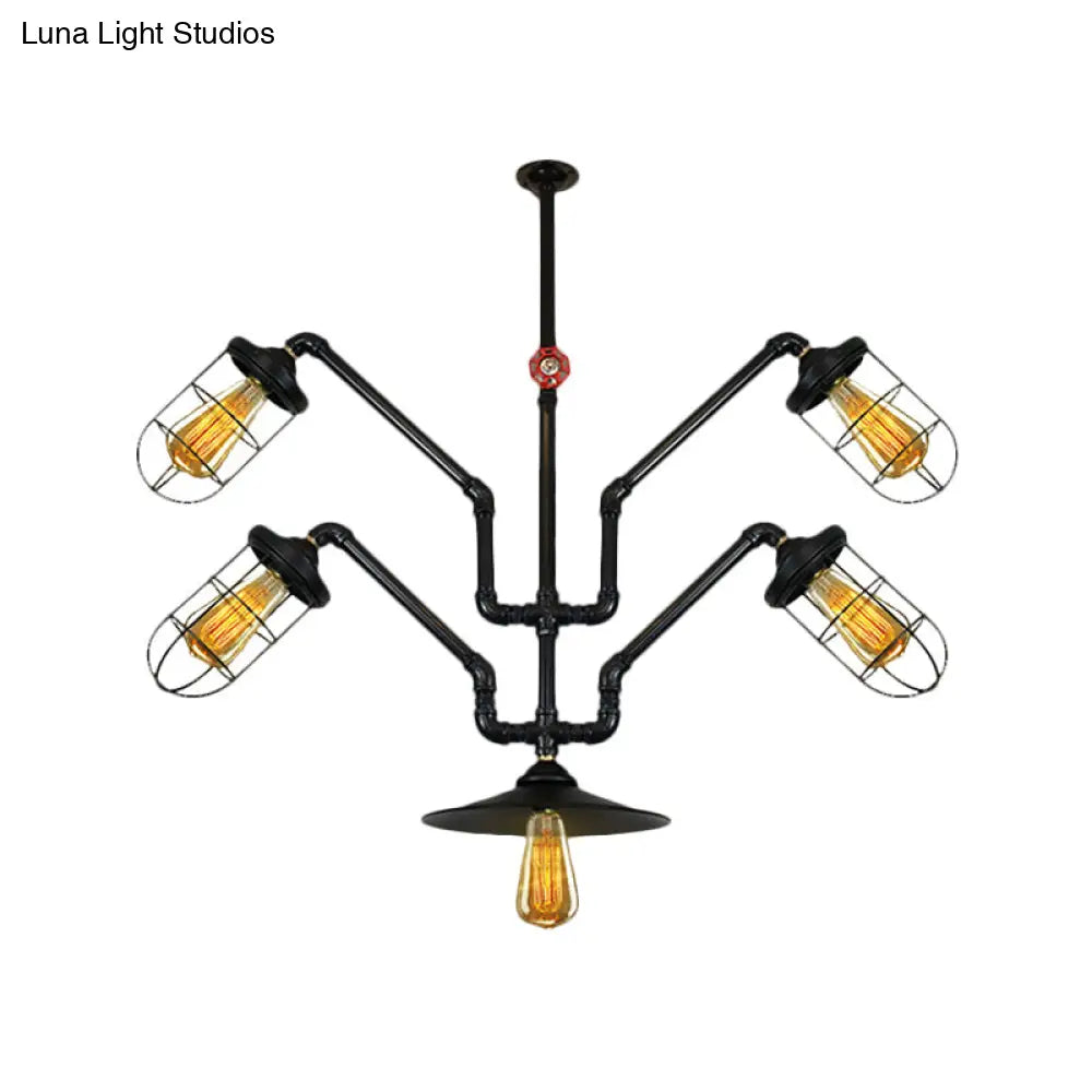 Industrial Style Chandelier Lamp: 5-Light Wire Cage Suspension with Water Pipe – Ideal for Dining Room