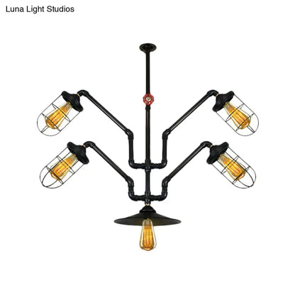 Industrial Style Chandelier Lamp: 5-Light Wire Cage Suspension with Water Pipe – Ideal for Dining Room