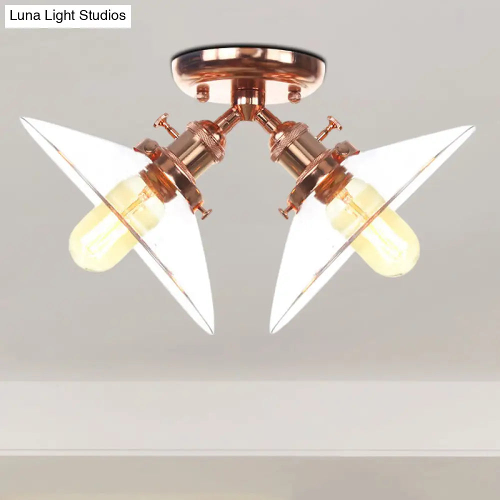 Industrial Style Clear Glass Semi Flush Mount Ceiling Light with 2 Lights for Conical Restaurants in Black/Bronze