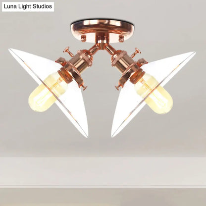 Industrial Style Clear Glass Semi Flush Mount Ceiling Light with 2 Lights for Conical Restaurants in Black/Bronze