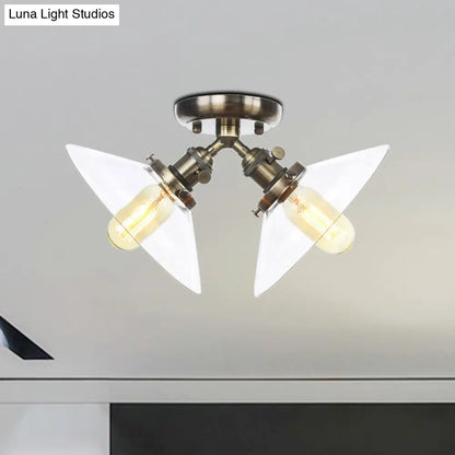 Industrial Style Clear Glass Semi Flush Mount Ceiling Light with 2 Lights for Conical Restaurants in Black/Bronze