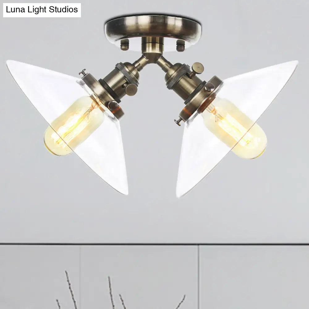 Industrial Style Clear Glass Semi Flush Mount Ceiling Light with 2 Lights for Conical Restaurants in Black/Bronze