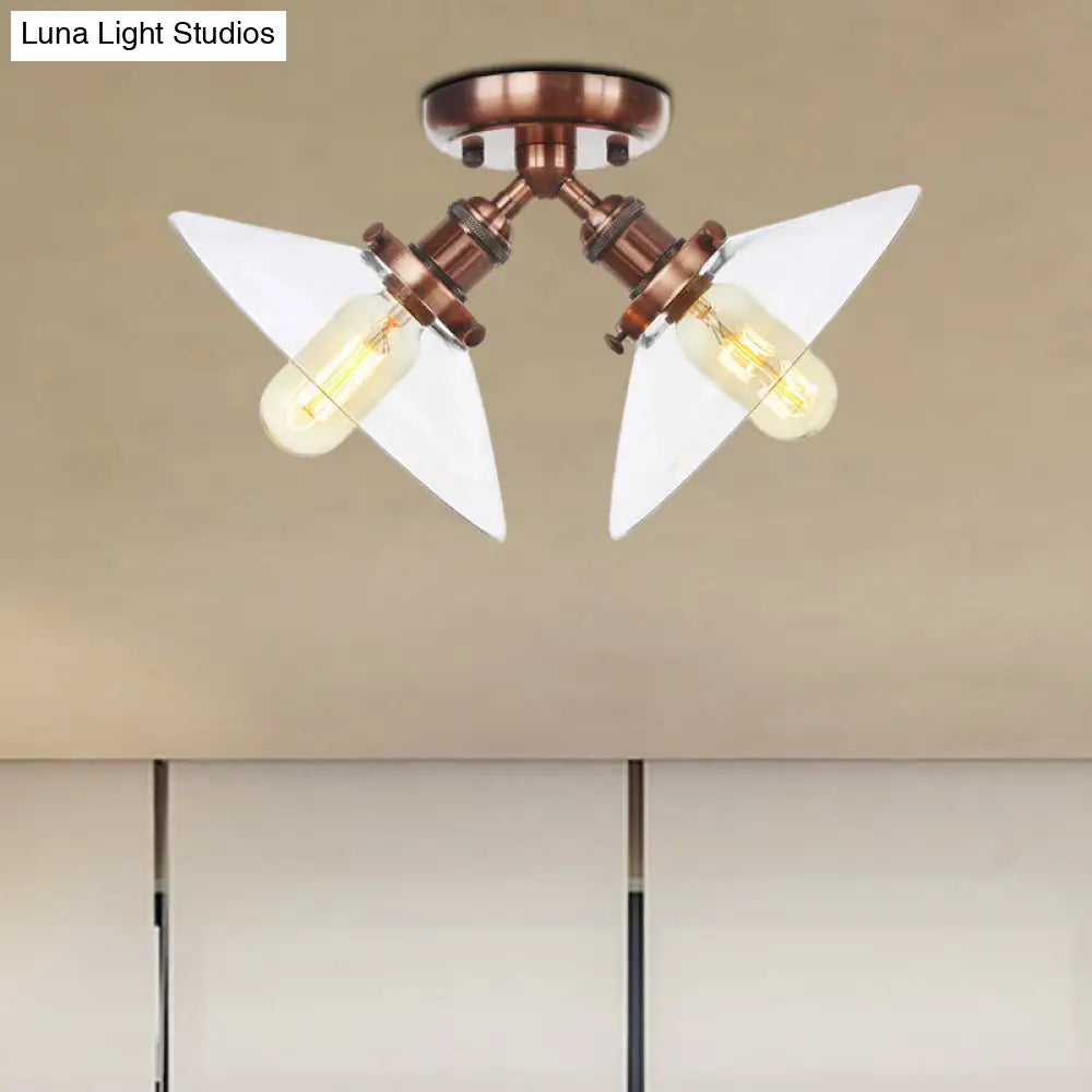 Industrial Style Clear Glass Semi Flush Mount Ceiling Light with 2 Lights for Conical Restaurants in Black/Bronze