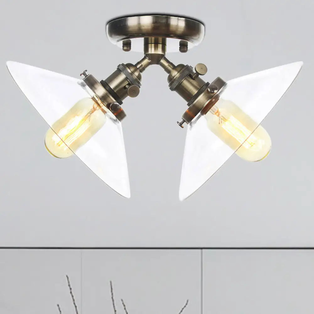 Industrial Style Clear Glass Semi Flush Mount Ceiling Light with 2 Lights for Conical Restaurants in Black/Bronze