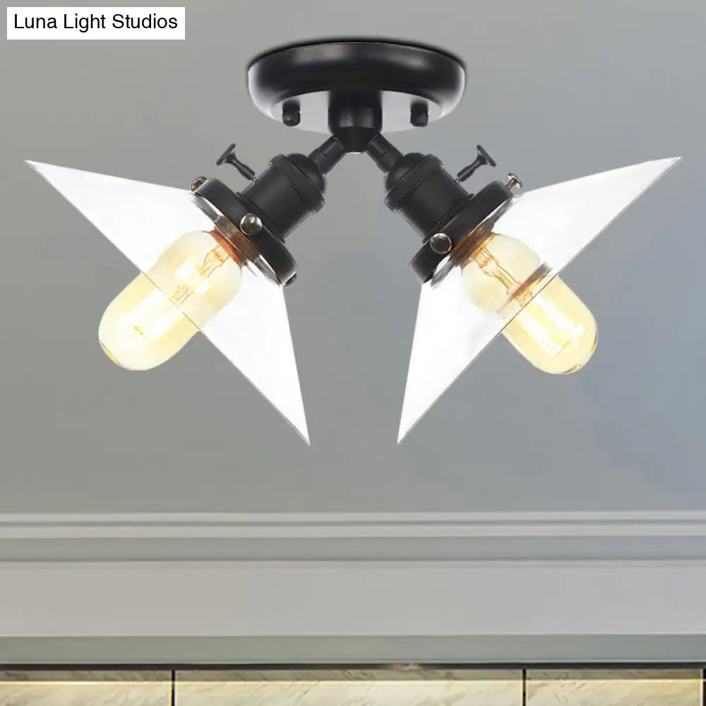 Industrial Style Clear Glass Semi Flush Mount Ceiling Light with 2 Lights for Conical Restaurants in Black/Bronze