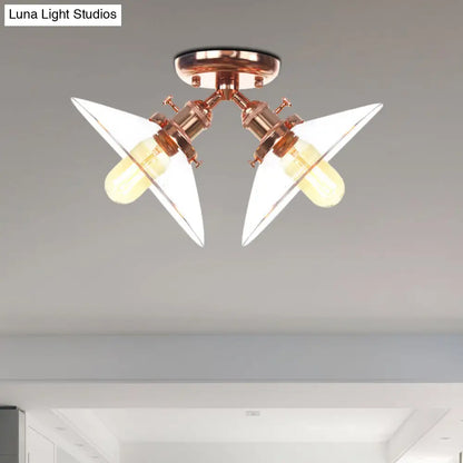 Industrial Style Clear Glass Semi Flush Mount Ceiling Light with 2 Lights for Conical Restaurants in Black/Bronze