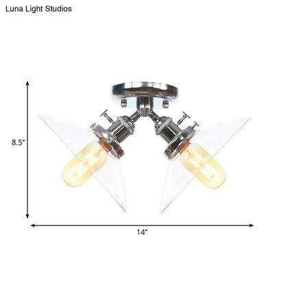 Industrial Style Clear Glass Semi Flush Mount Ceiling Light with 2 Lights for Conical Restaurants in Black/Bronze