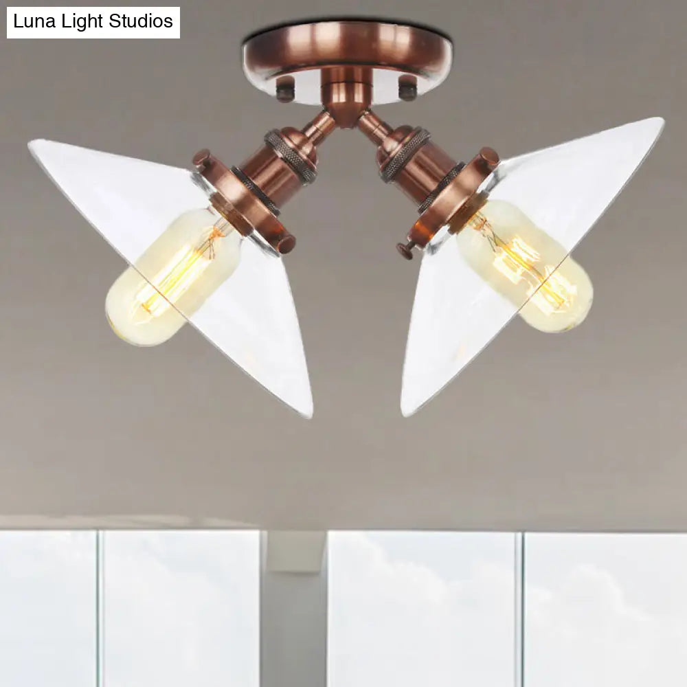 Industrial Style Clear Glass Semi Flush Mount Ceiling Light with 2 Lights for Conical Restaurants in Black/Bronze