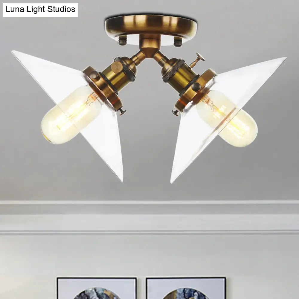 Industrial Style Clear Glass Semi Flush Mount Ceiling Light with 2 Lights for Conical Restaurants in Black/Bronze