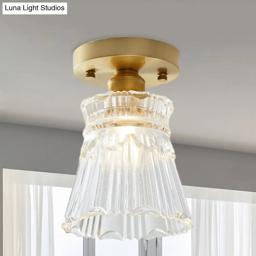 DecorBites™ DecorBites™ Industrial-Style Cone Glass Ceiling Light - Single Bulb Semi Flush Mount Fixture in Brass with Clear Textured Glass for Living Rooms