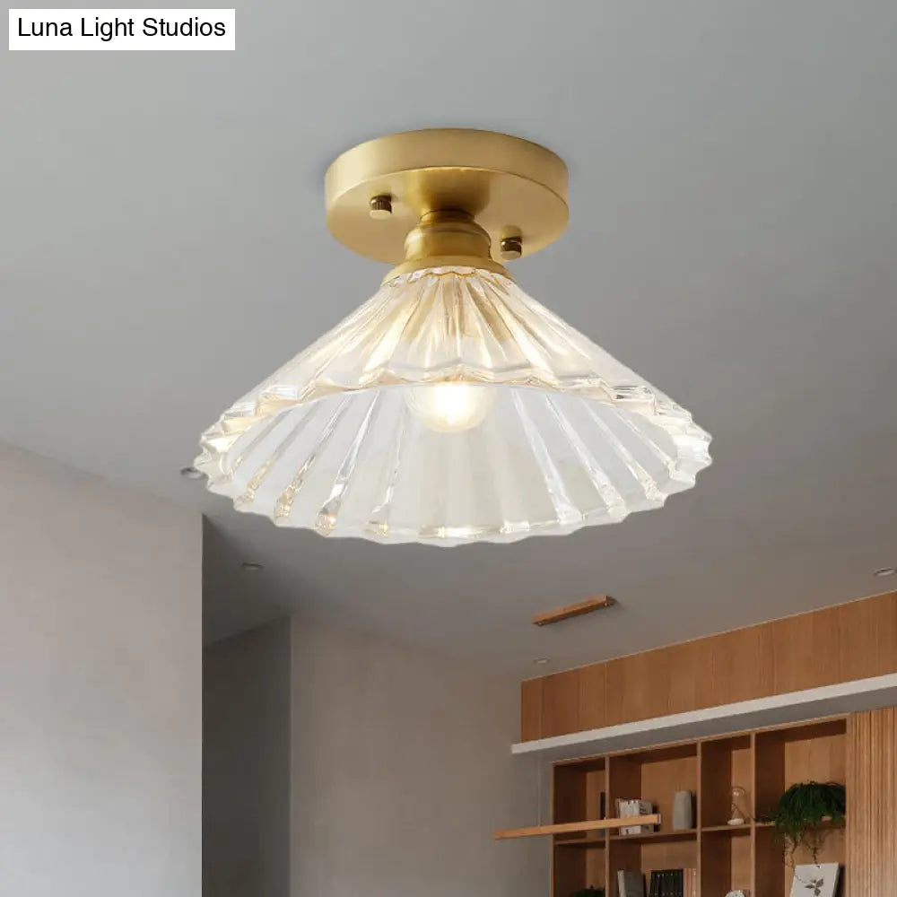 DecorBites™ DecorBites™ Industrial-Style Cone Glass Ceiling Light - Single Bulb Semi Flush Mount Fixture in Brass with Clear Textured Glass for Living Rooms