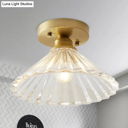 DecorBites™ DecorBites™ Industrial-Style Cone Glass Ceiling Light - Single Bulb Semi Flush Mount Fixture in Brass with Clear Textured Glass for Living Rooms