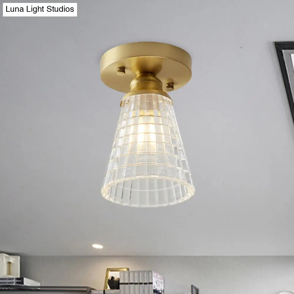 DecorBites™ DecorBites™ Industrial-Style Cone Glass Ceiling Light - Single Bulb Semi Flush Mount Fixture in Brass with Clear Textured Glass for Living Rooms