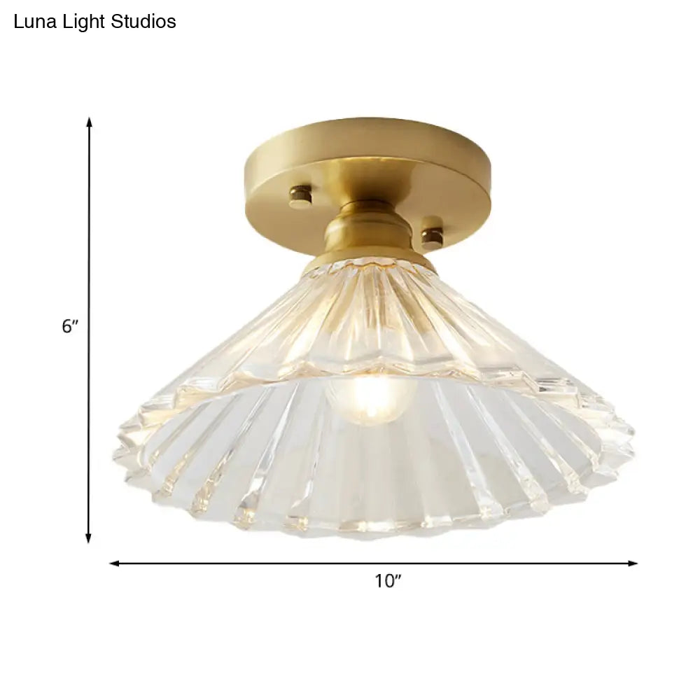 DecorBites™ DecorBites™ Industrial-Style Cone Glass Ceiling Light - Single Bulb Semi Flush Mount Fixture in Brass with Clear Textured Glass for Living Rooms