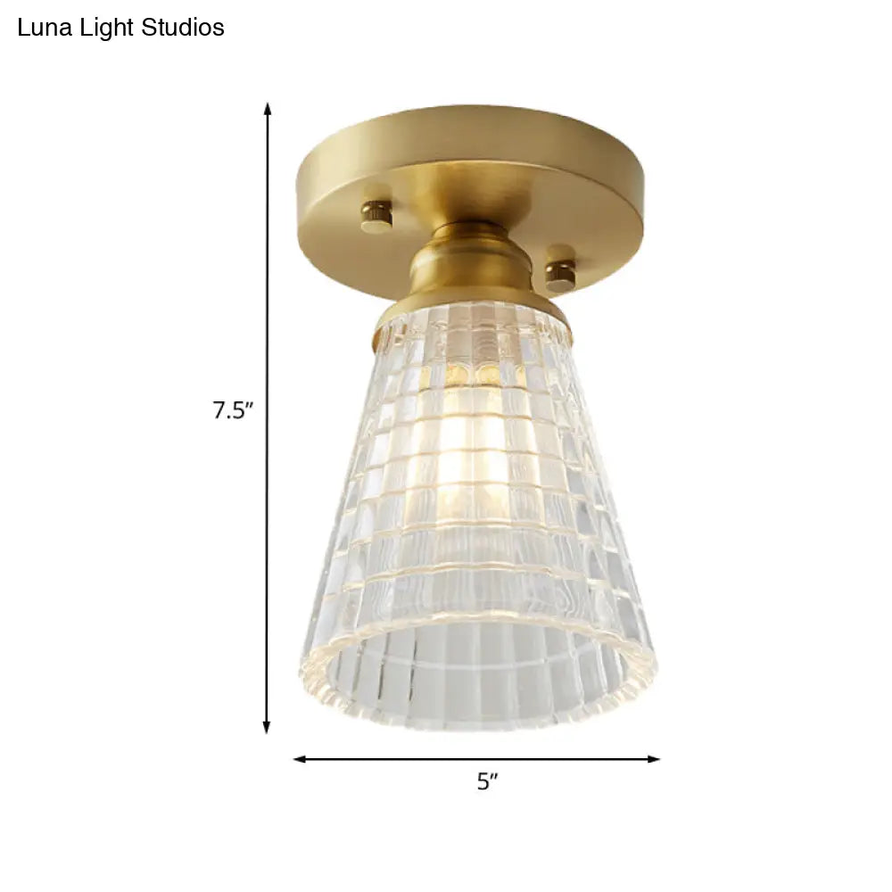 DecorBites™ DecorBites™ Industrial-Style Cone Glass Ceiling Light - Single Bulb Semi Flush Mount Fixture in Brass with Clear Textured Glass for Living Rooms