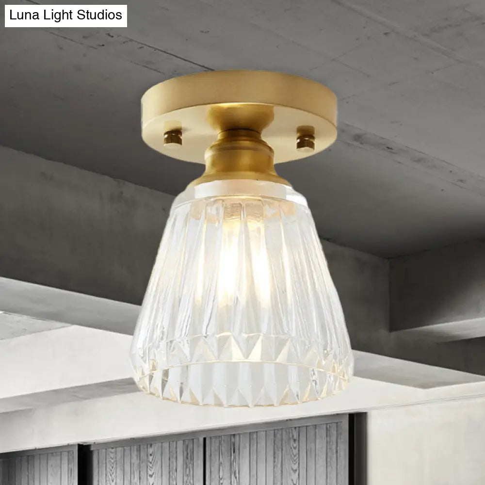 DecorBites™ DecorBites™ Industrial-Style Cone Glass Ceiling Light - Single Bulb Semi Flush Mount Fixture in Brass with Clear Textured Glass for Living Rooms