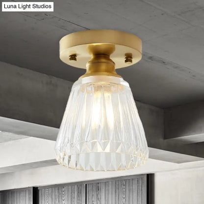 DecorBites™ DecorBites™ Industrial-Style Cone Glass Ceiling Light - Single Bulb Semi Flush Mount Fixture in Brass with Clear Textured Glass for Living Rooms