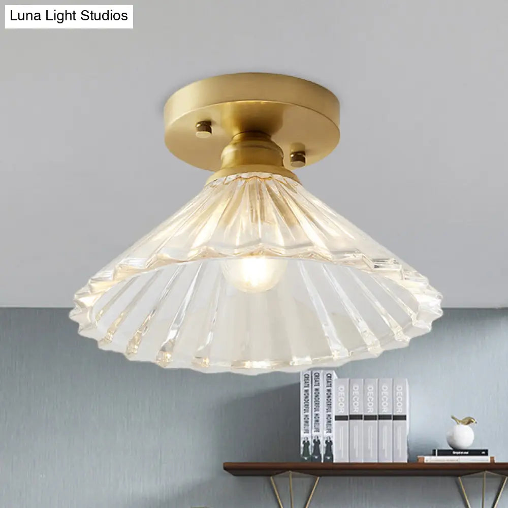 DecorBites™ DecorBites™ Industrial-Style Cone Glass Ceiling Light - Single Bulb Semi Flush Mount Fixture in Brass with Clear Textured Glass for Living Rooms