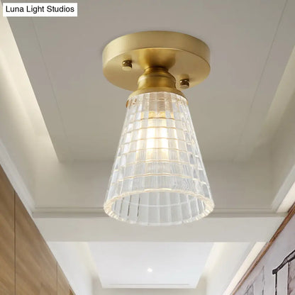 DecorBites™ DecorBites™ Industrial-Style Cone Glass Ceiling Light - Single Bulb Semi Flush Mount Fixture in Brass with Clear Textured Glass for Living Rooms