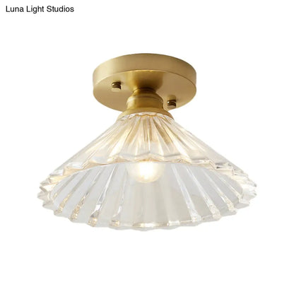 DecorBites™ DecorBites™ Industrial-Style Cone Glass Ceiling Light - Single Bulb Semi Flush Mount Fixture in Brass with Clear Textured Glass for Living Rooms
