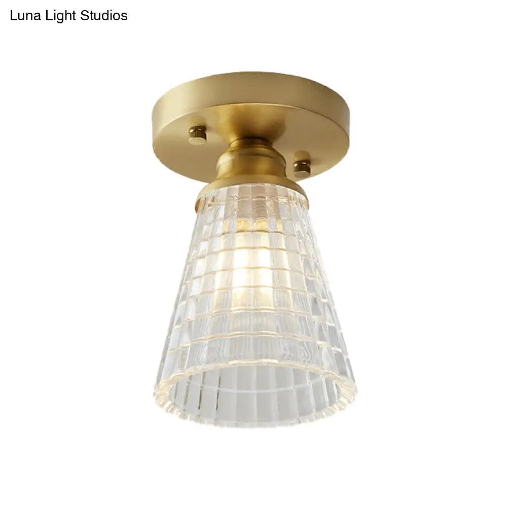 DecorBites™ DecorBites™ Industrial-Style Cone Glass Ceiling Light - Single Bulb Semi Flush Mount Fixture in Brass with Clear Textured Glass for Living Rooms