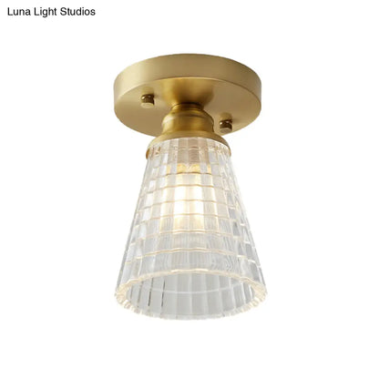 DecorBites™ DecorBites™ Industrial-Style Cone Glass Ceiling Light - Single Bulb Semi Flush Mount Fixture in Brass with Clear Textured Glass for Living Rooms