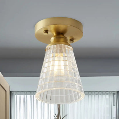 DecorBites™ DecorBites™ Industrial-Style Cone Glass Ceiling Light - Single Bulb Semi Flush Mount Fixture in Brass with Clear Textured Glass for Living Rooms