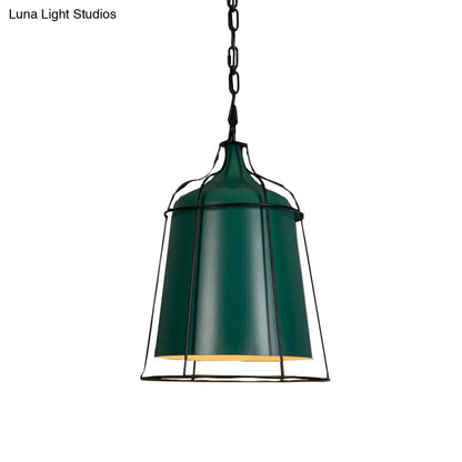 Industrial-Style Dark Green Hanging Pendant with Wire Cage - Aluminum Tapered Suspension Lighting