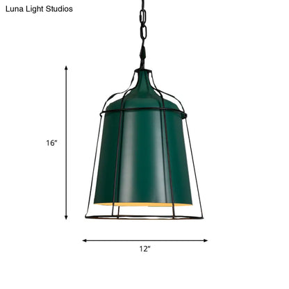 Industrial-Style Dark Green Hanging Pendant with Wire Cage - Aluminum Tapered Suspension Lighting