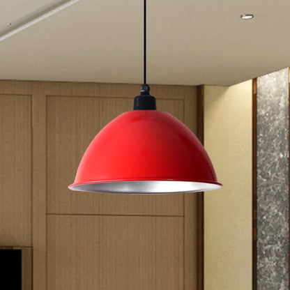 Industrial Style Domed Aluminum Ceiling Fixture - 12.5"/14" - Corded Hanging Lamp in Black/Red