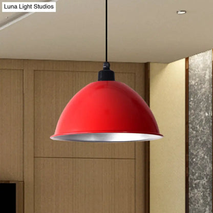 Industrial Style Domed Aluminum Ceiling Fixture - 12.5"/14" - Corded Hanging Lamp in Black/Red