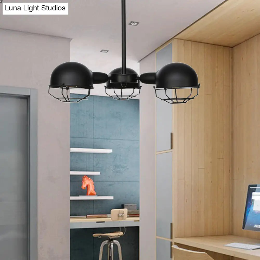 Industrial Style Domed Pendant Light with Wire Frame, 3-Bulbs, Black/Brass Finish