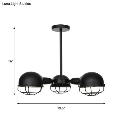 Industrial Style Domed Pendant Light with Wire Frame, 3-Bulbs, Black/Brass Finish