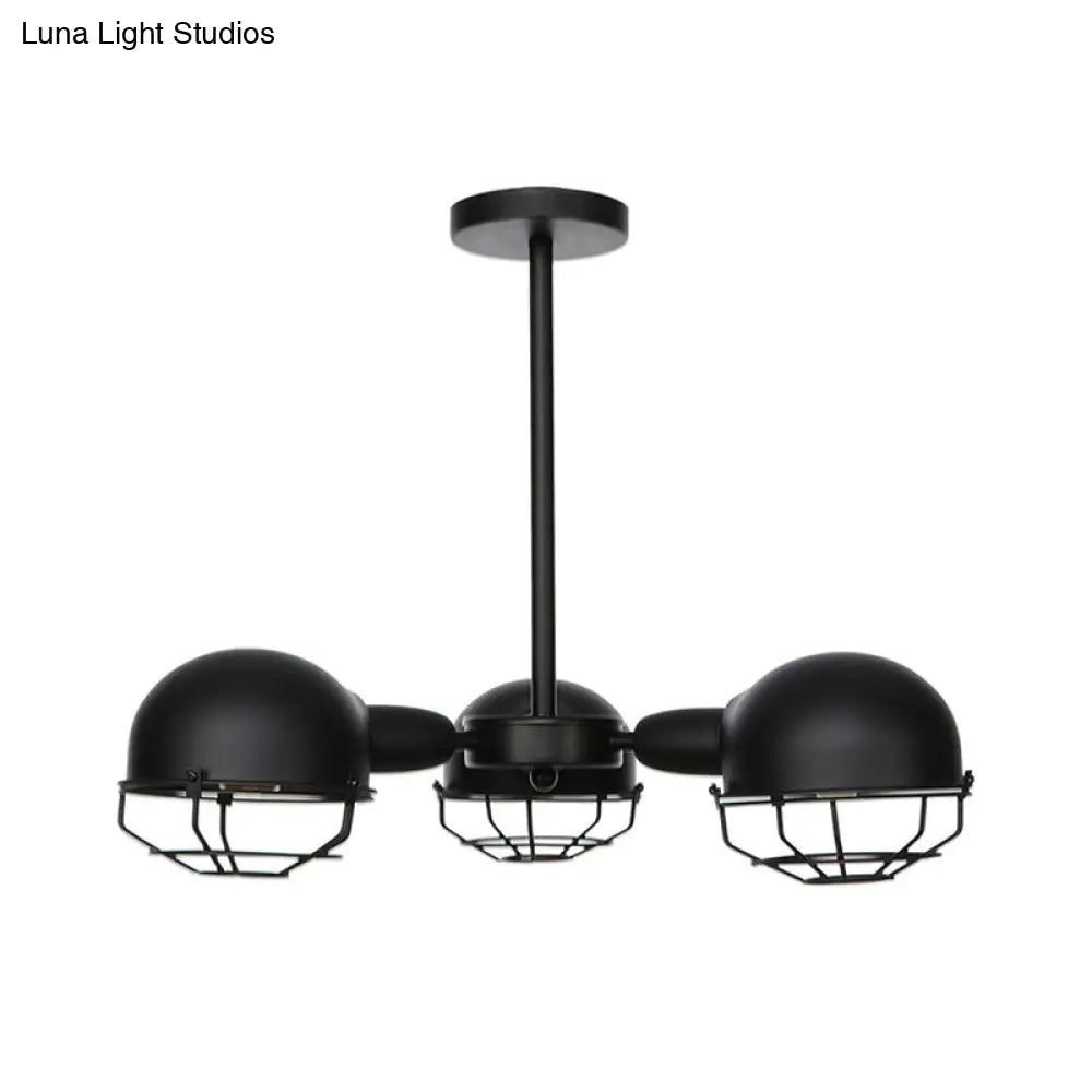 Industrial Style Domed Pendant Light with Wire Frame, 3-Bulbs, Black/Brass Finish